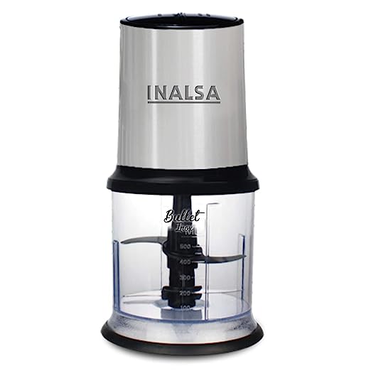 INALSA Electric Chopper Bullet Inox- 450 Watts with 2 Speed Option |100% Pure Copper Motor| Chop, Mince, Puree, Dice | Twin Blade Technology| 900 ml Capacity| One Touch Operation, 1.30mtr Long Power Cord (Black/Silver) INALSA Electric Chopper Bullet Inox- 450 Watts with 2 Speed Option |100% Pure Copper Motor| Chop, Mince, Puree, Dice | Twin Blade Technology| 900 ml Capacity| One Touch Operation, 1.30mtr Long Power Cord (Black/Silver)